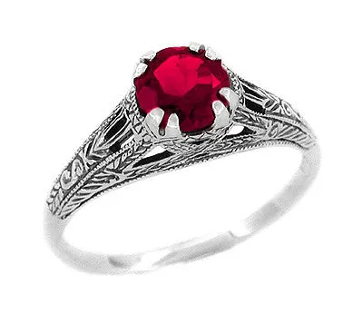 Art Deco Filigree Engraved Ruby Promise Ring in Sterling Silver