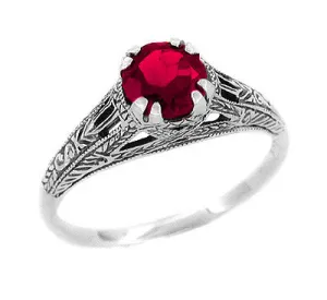 Art Deco Filigree Engraved Ruby Promise Ring in Sterling Silver