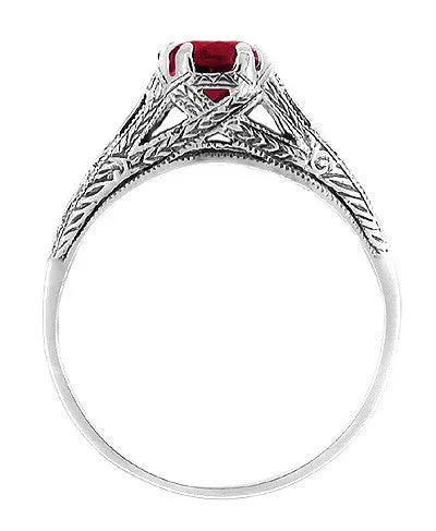 Art Deco Filigree Engraved Ruby Promise Ring in Sterling Silver