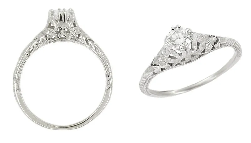 Art Deco Filigree Flowers and Wheat 1/3 Carat Engraved Engagement Ring Setting in Platinum