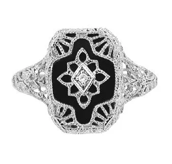 Art Deco Filigree Onyx and Diamond Ring in Sterling Silver