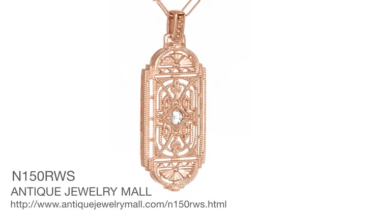 Art Deco Filigree Rose Gold Vermeil Geometric White Sapphire Pendant Necklace in Sterling Silver