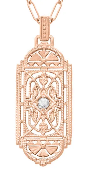 Art Deco Filigree Rose Gold Vermeil Geometric White Sapphire Pendant Necklace in Sterling Silver