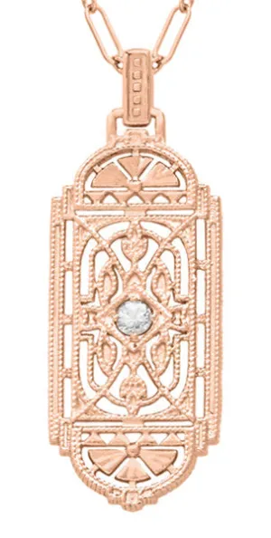 Art Deco Filigree Rose Gold Vermeil Geometric White Sapphire Pendant Necklace in Sterling Silver