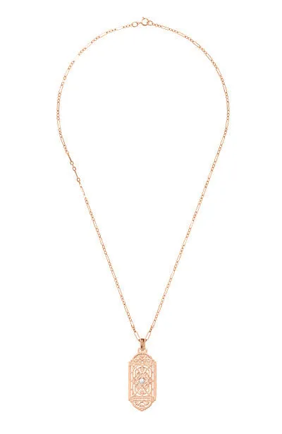 Art Deco Filigree Rose Gold Vermeil Geometric White Sapphire Pendant Necklace in Sterling Silver