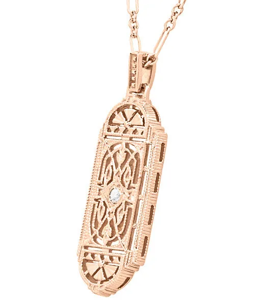 Art Deco Filigree Rose Gold Vermeil Geometric White Sapphire Pendant Necklace in Sterling Silver