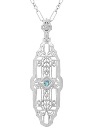 Art Deco Filigree Sky Blue Topaz Lozenge Necklace in Sterling Silver