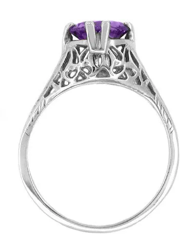 Art Deco Filigree Trellis Amethyst Engagement Ring in 14 Karat White Gold