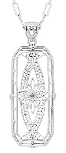 Art Deco Filigree Vintage Sapphire Ichthys Fish Necklace - Sterling Silver 1930's Pendant Design