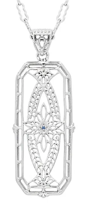 Art Deco Filigree Vintage Sapphire Ichthys Fish Necklace - Sterling Silver 1930's Pendant Design