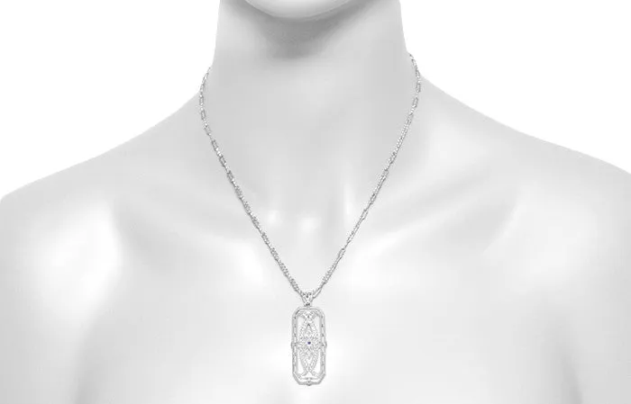 Art Deco Filigree Vintage Sapphire Ichthys Fish Necklace - Sterling Silver 1930's Pendant Design