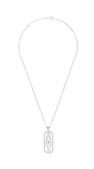 Art Deco Filigree Vintage Sapphire Ichthys Fish Necklace - Sterling Silver 1930's Pendant Design