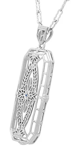 Art Deco Filigree Vintage Sapphire Ichthys Fish Necklace - Sterling Silver 1930's Pendant Design