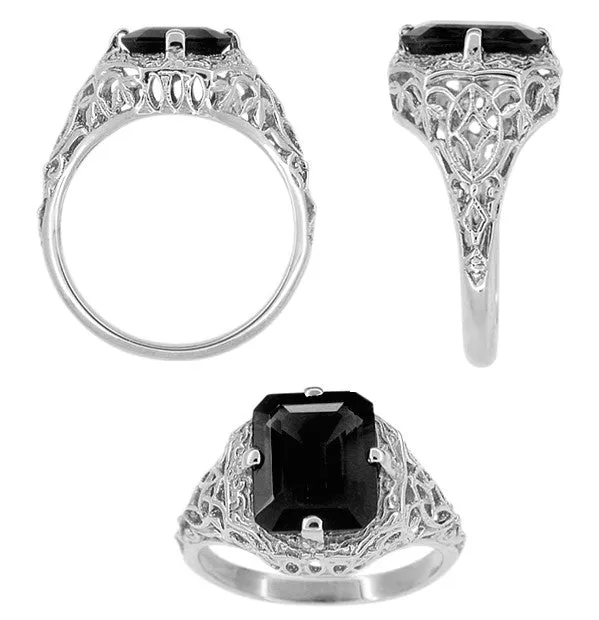 Art Deco Flowers and Leaves Black Onyx Filigree Ring in Sterling Silver