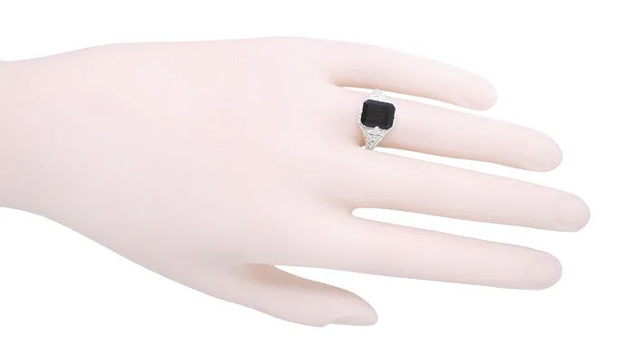 Art Deco Flowers and Leaves Black Onyx Filigree Ring in Sterling Silver
