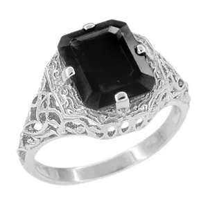 Art Deco Flowers and Leaves Black Onyx Filigree Ring in Sterling Silver