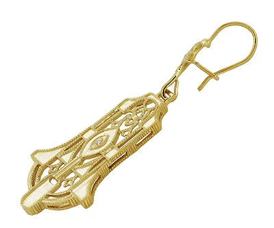 Art Deco Geometric Diamond Dangling Filigree Earrings in Sterling Silver with Yellow Gold Vermeil