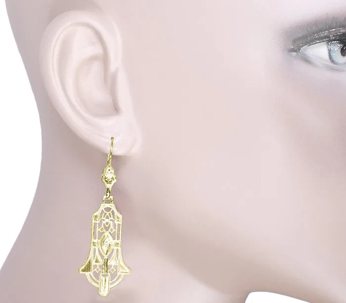 Art Deco Geometric Diamond Dangling Filigree Earrings in Sterling Silver with Yellow Gold Vermeil