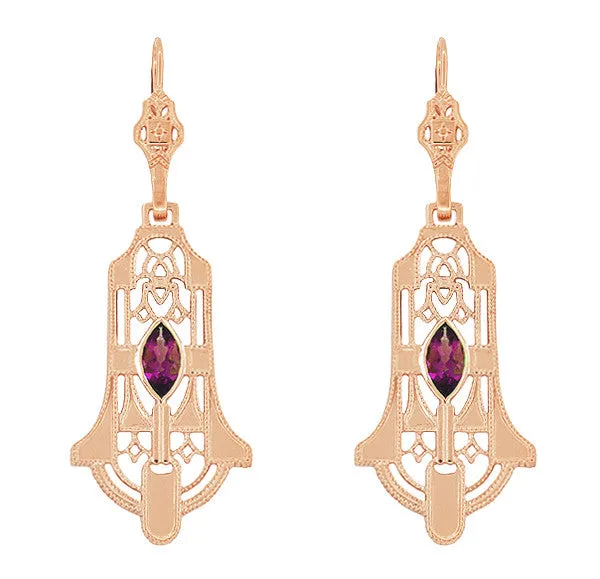 Art Deco Geometric Rhodolite Garnet Dangling Rose Gold Vermeil Filigree Earrings in Sterling Silver