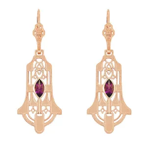 Art Deco Geometric Rhodolite Garnet Dangling Rose Gold Vermeil Filigree Earrings in Sterling Silver