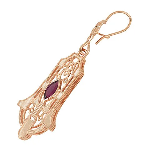 Art Deco Geometric Rhodolite Garnet Dangling Rose Gold Vermeil Filigree Earrings in Sterling Silver