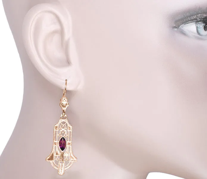 Art Deco Geometric Rhodolite Garnet Dangling Rose Gold Vermeil Filigree Earrings in Sterling Silver