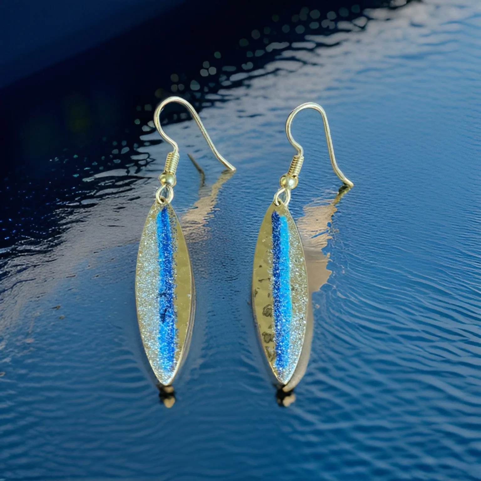 Art Deco Hand Painted Blue Mini Navette Earrings