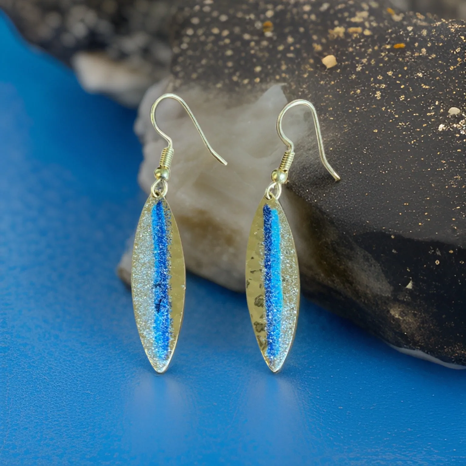 Art Deco Hand Painted Blue Mini Navette Earrings