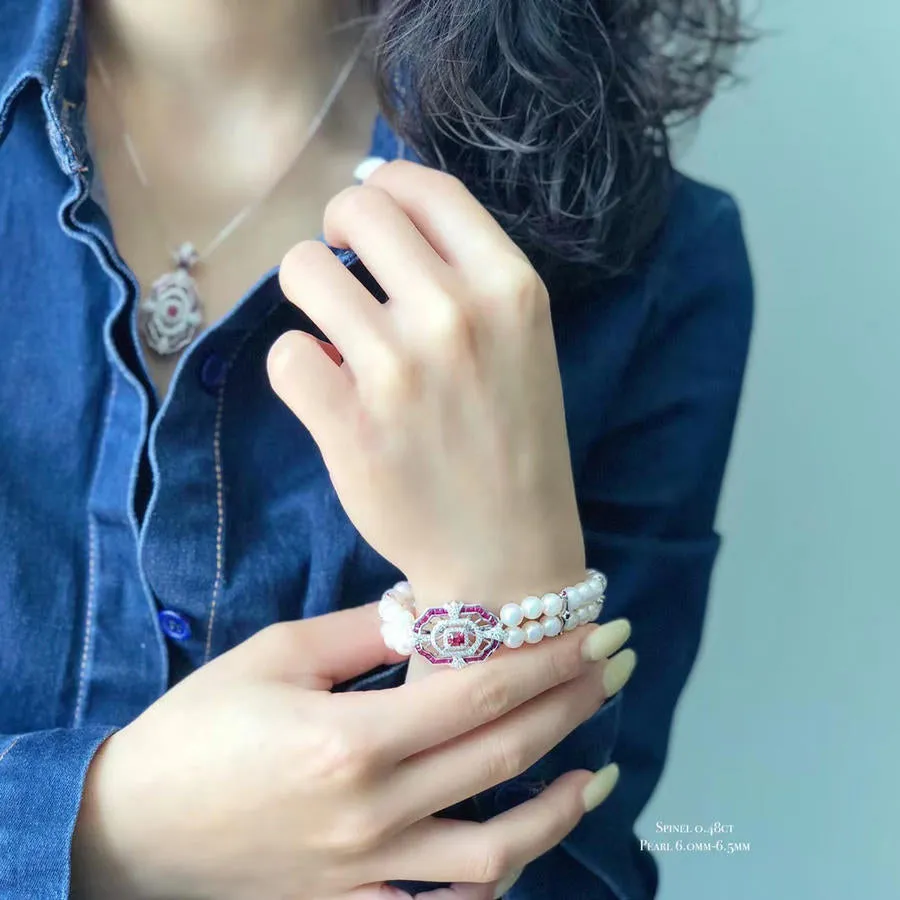 「Art Deco」 Jedi Spinel Akoya Pearl Diamond bracelet