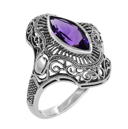 Art Deco Marquise Amethyst Filigree Cocktail Ring in Sterling Silver