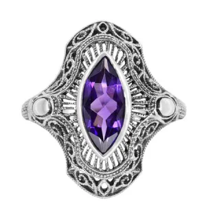Art Deco Marquise Amethyst Filigree Cocktail Ring in Sterling Silver