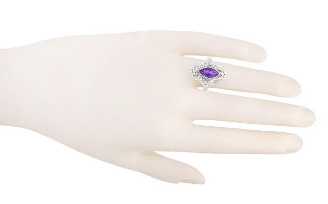 Art Deco Marquise Amethyst Filigree Cocktail Ring in Sterling Silver
