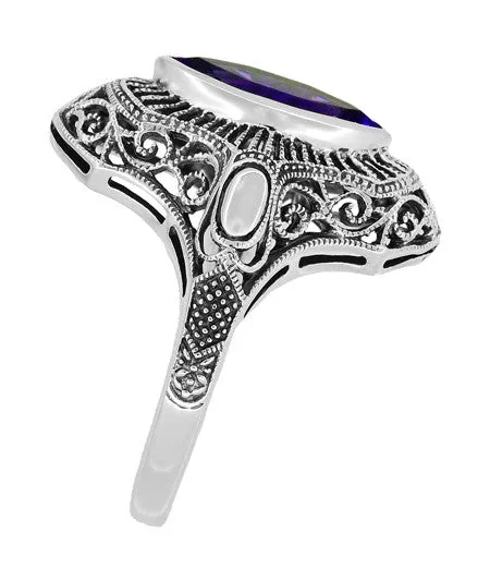 Art Deco Marquise Amethyst Filigree Cocktail Ring in Sterling Silver
