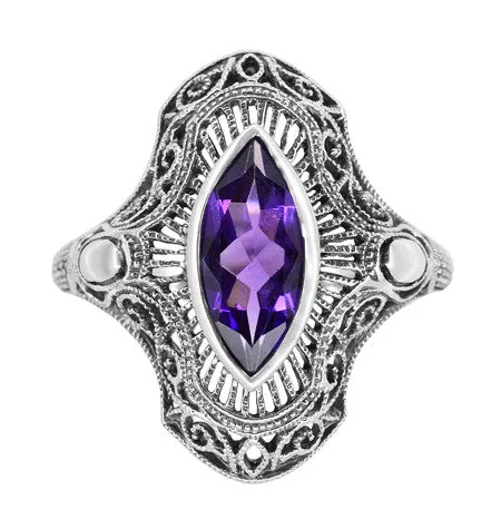 Art Deco Marquise Amethyst Filigree Cocktail Ring in Sterling Silver