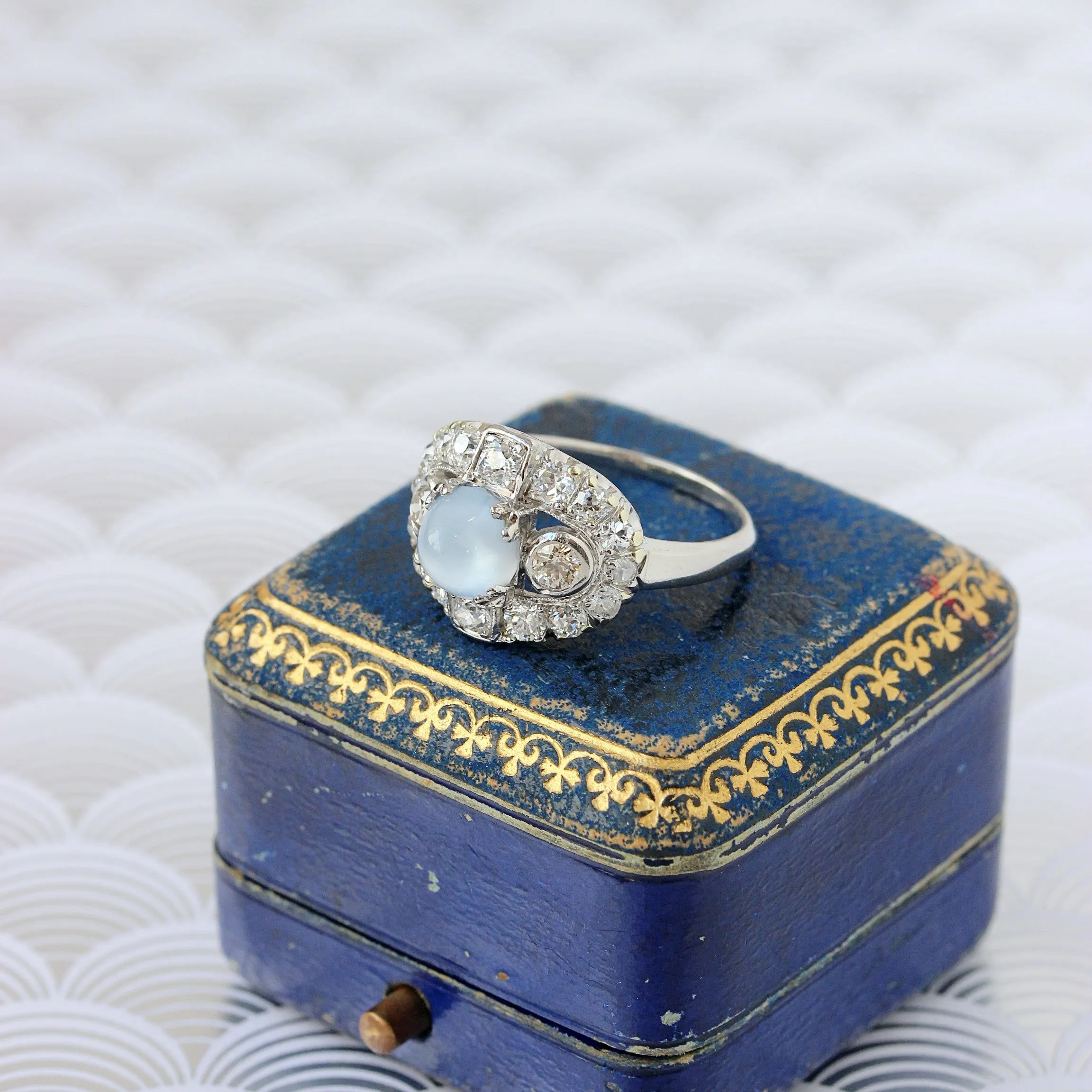 Art Deco Moonstone & Diamond Paneltop Ring, Palladium