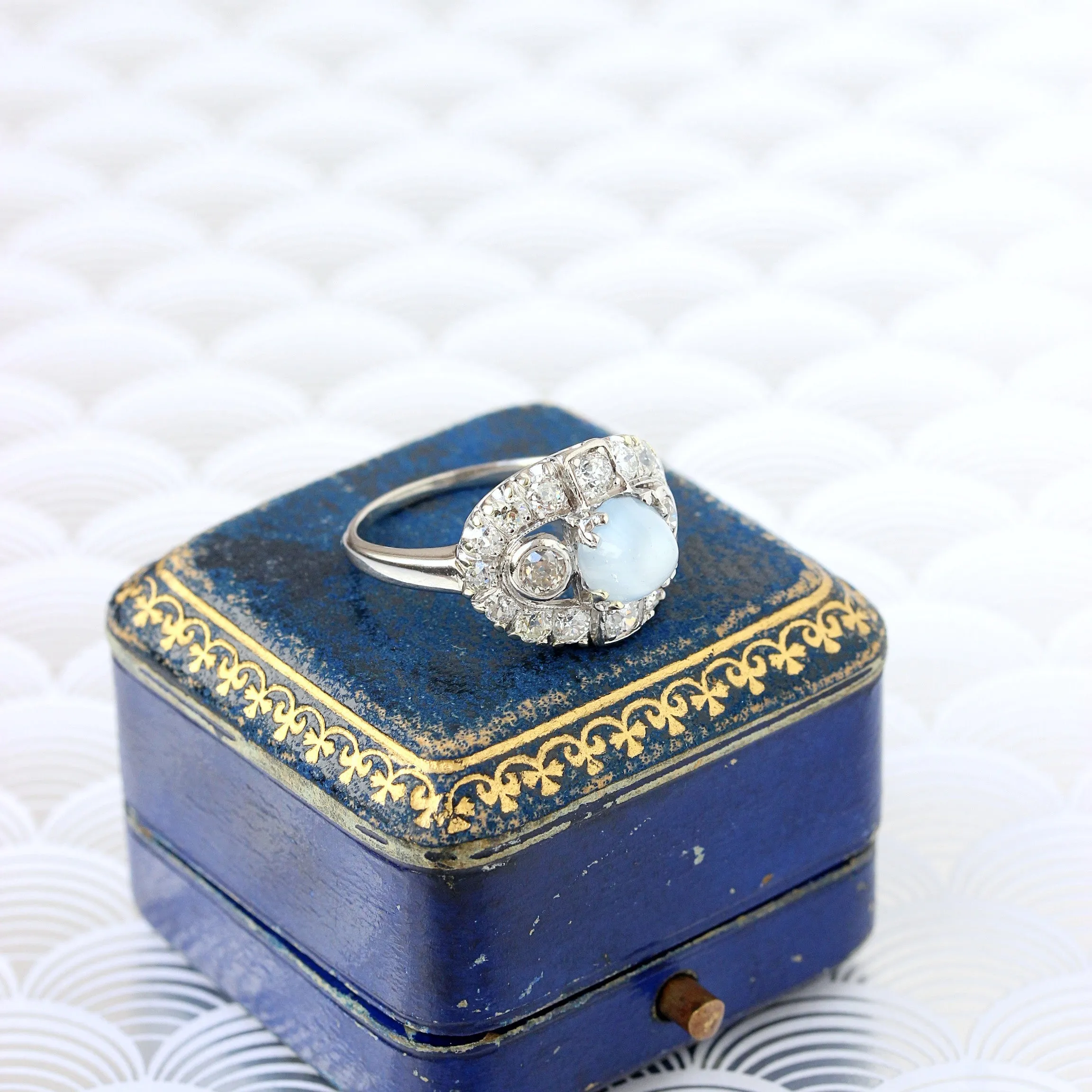 Art Deco Moonstone & Diamond Paneltop Ring, Palladium
