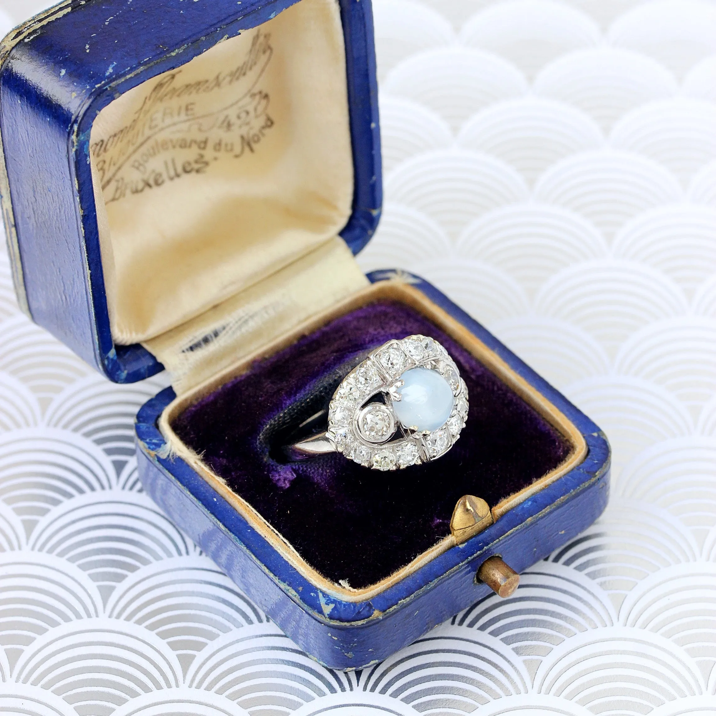 Art Deco Moonstone & Diamond Paneltop Ring, Palladium