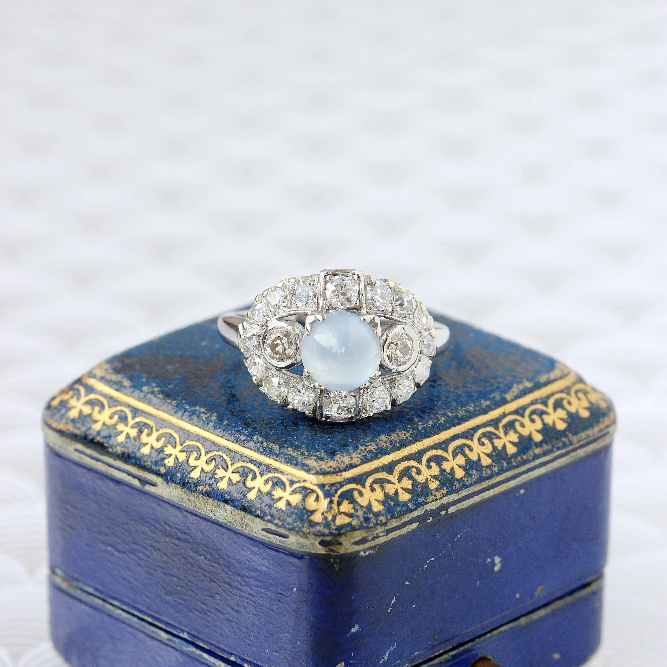 Art Deco Moonstone & Diamond Paneltop Ring, Palladium