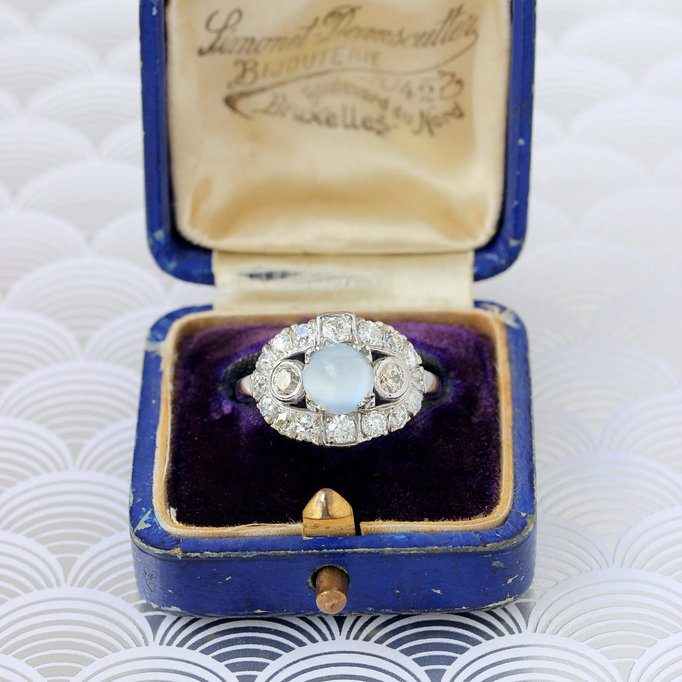 Art Deco Moonstone & Diamond Paneltop Ring, Palladium