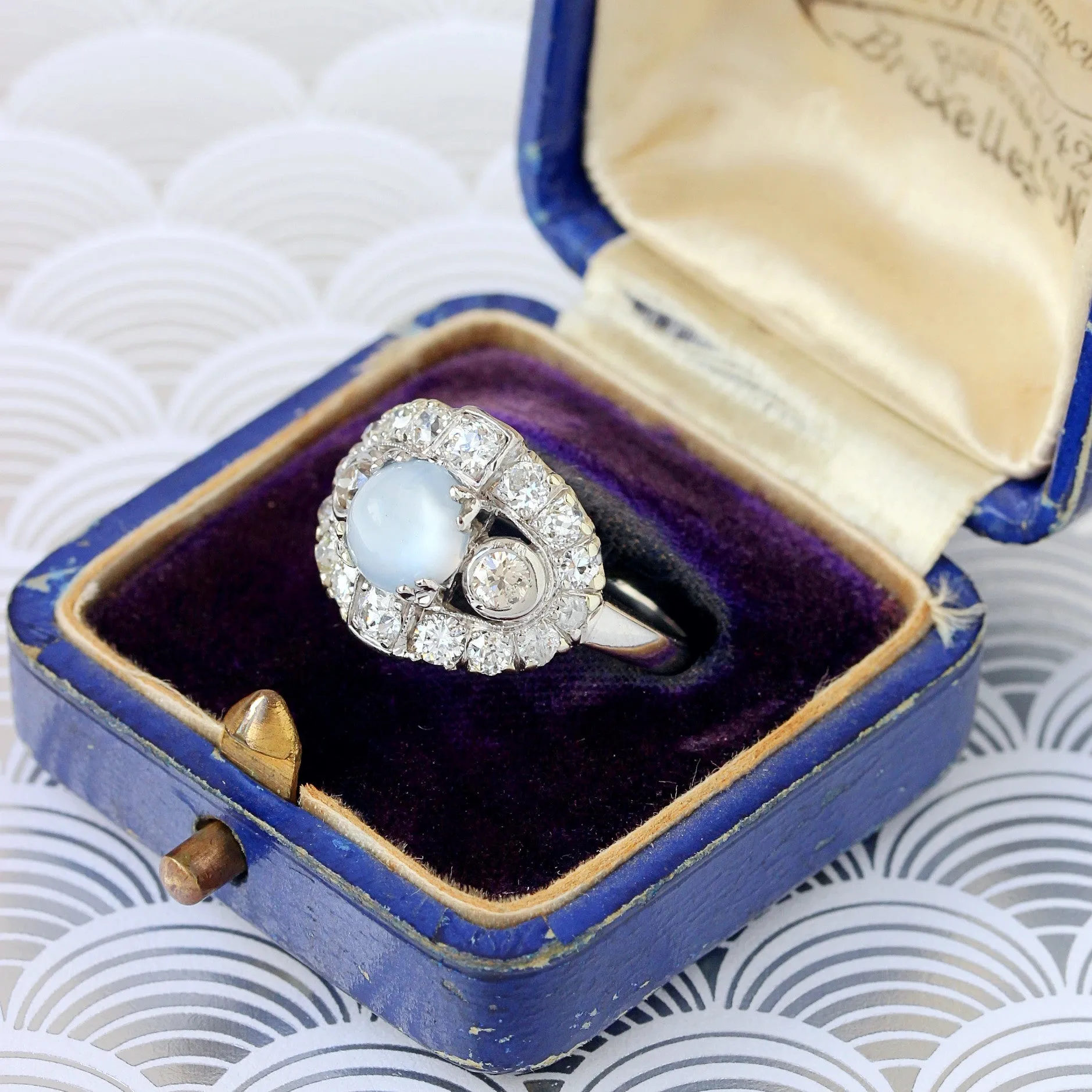 Art Deco Moonstone & Diamond Paneltop Ring, Palladium