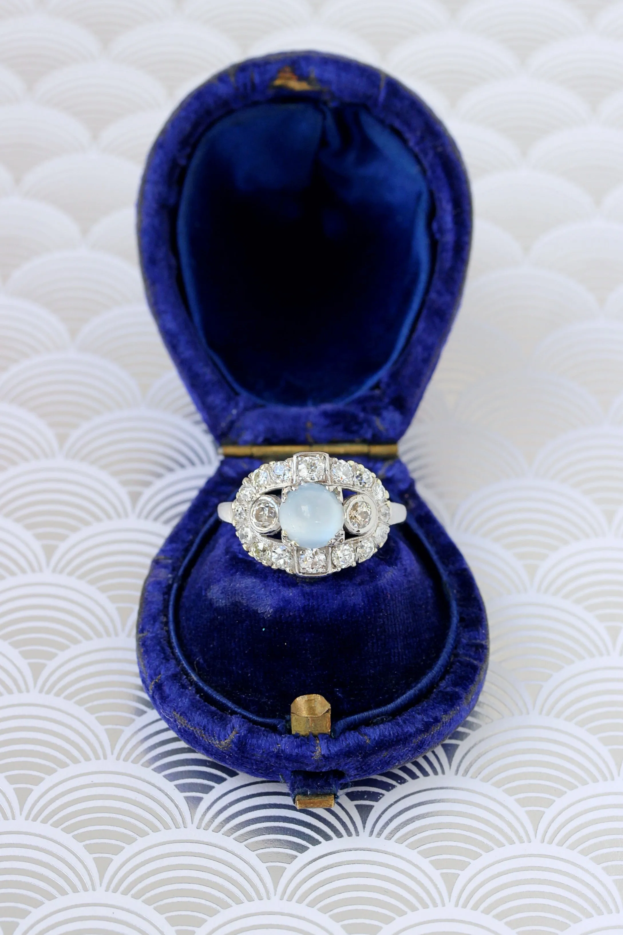 Art Deco Moonstone & Diamond Paneltop Ring, Palladium