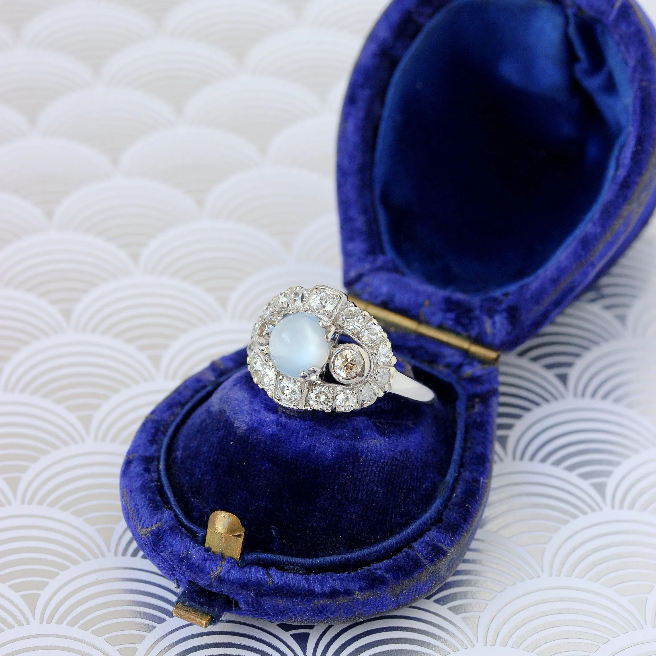 Art Deco Moonstone & Diamond Paneltop Ring, Palladium
