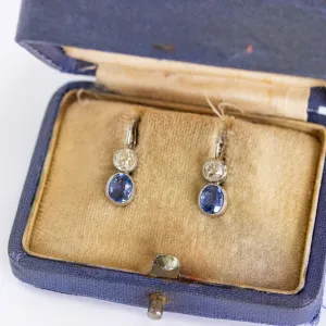 Art Deco Old Mine Cut Diamond & Sapphire Bezel Earrings, Platinum
