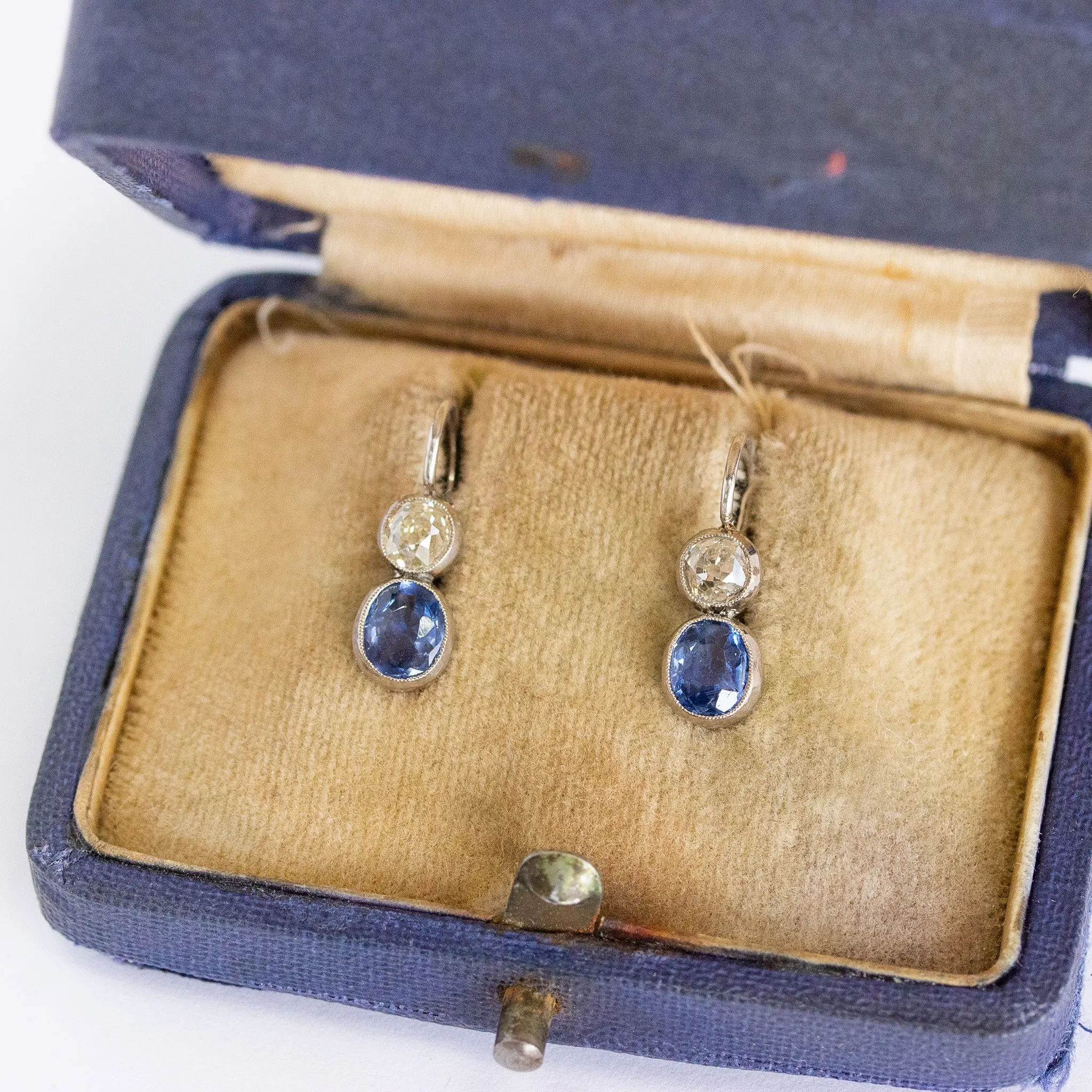 Art Deco Old Mine Cut Diamond & Sapphire Bezel Earrings, Platinum