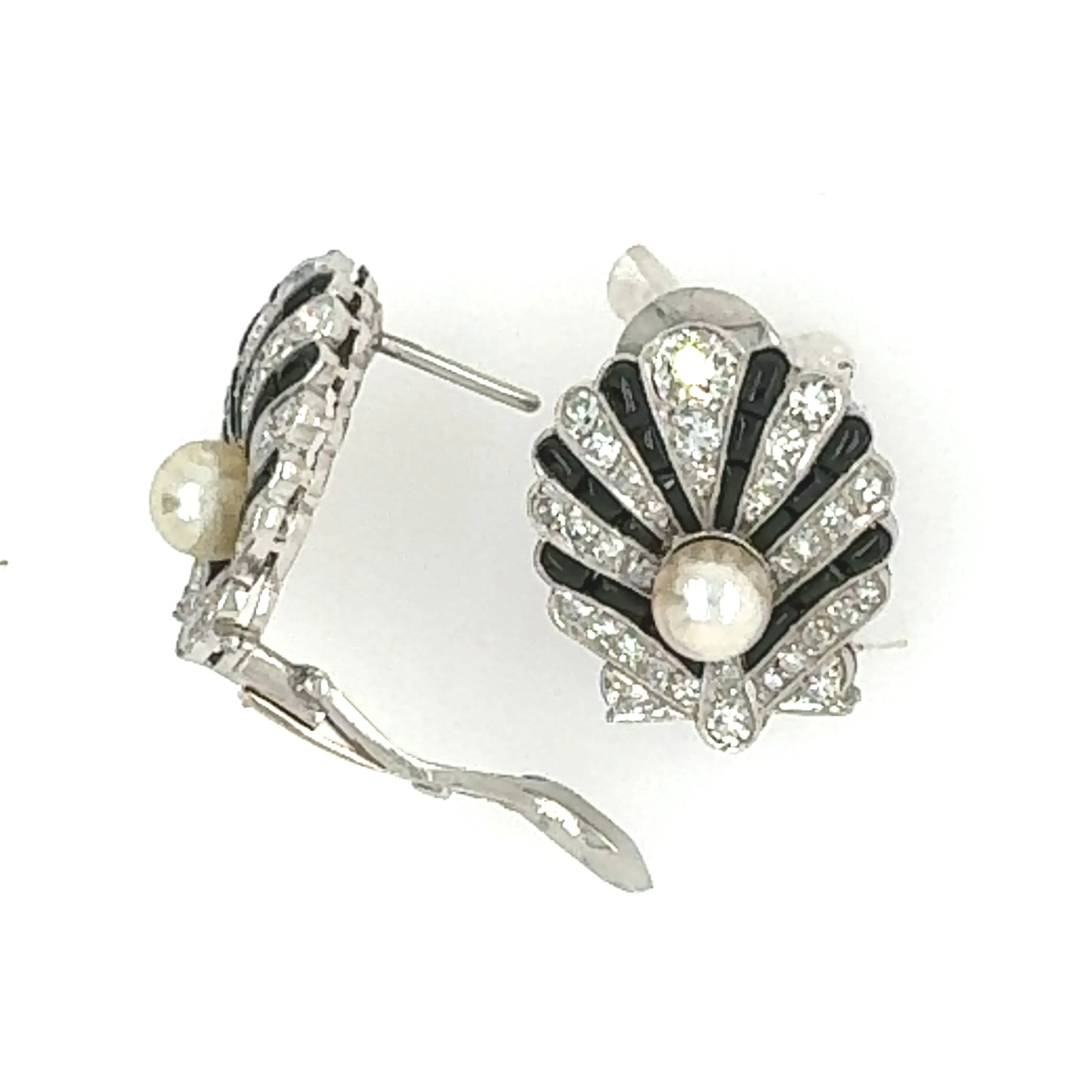 Art Deco Period Pearl, Onyx and Diamond Earrings