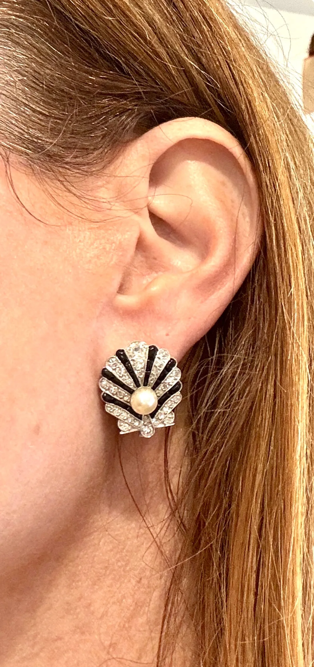 Art Deco Period Pearl, Onyx and Diamond Earrings