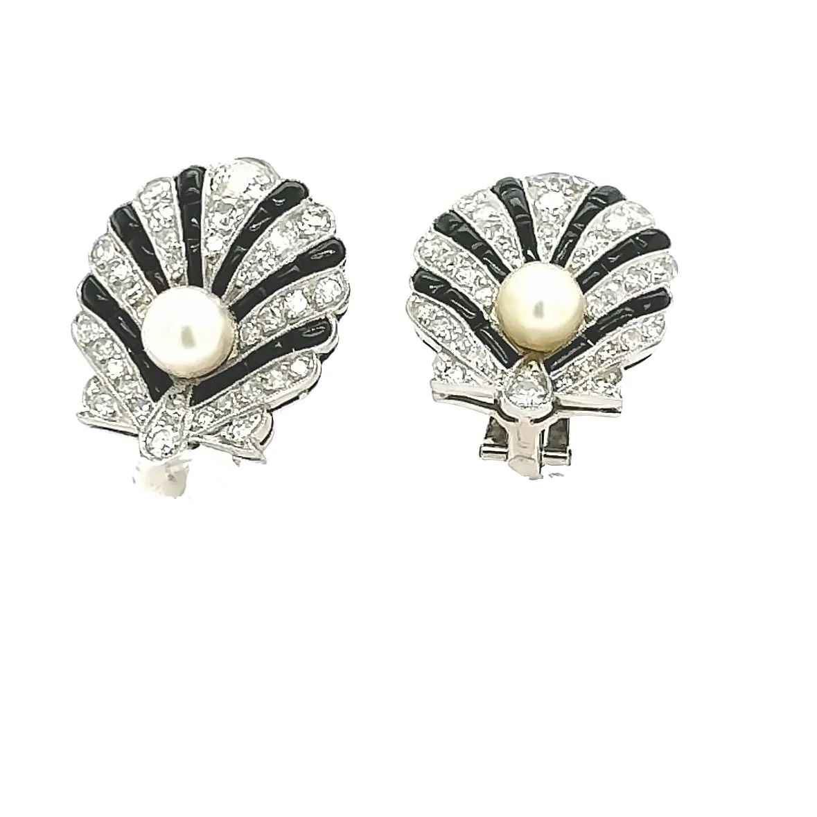 Art Deco Period Pearl, Onyx and Diamond Earrings
