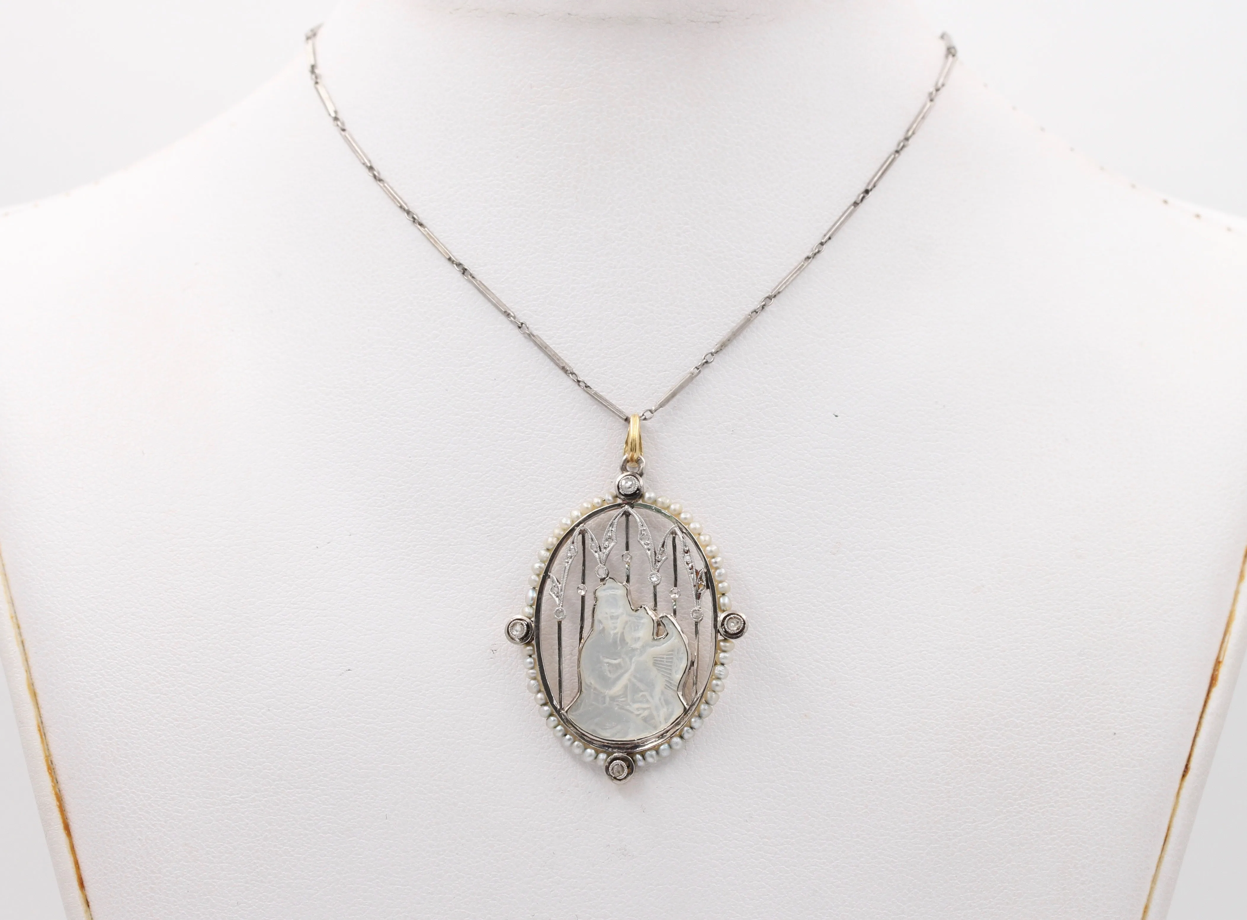 Art Deco Platinum 18K Gold, Diamond, Mother-of-Pearl Mother and Child Pendant, Necklace
