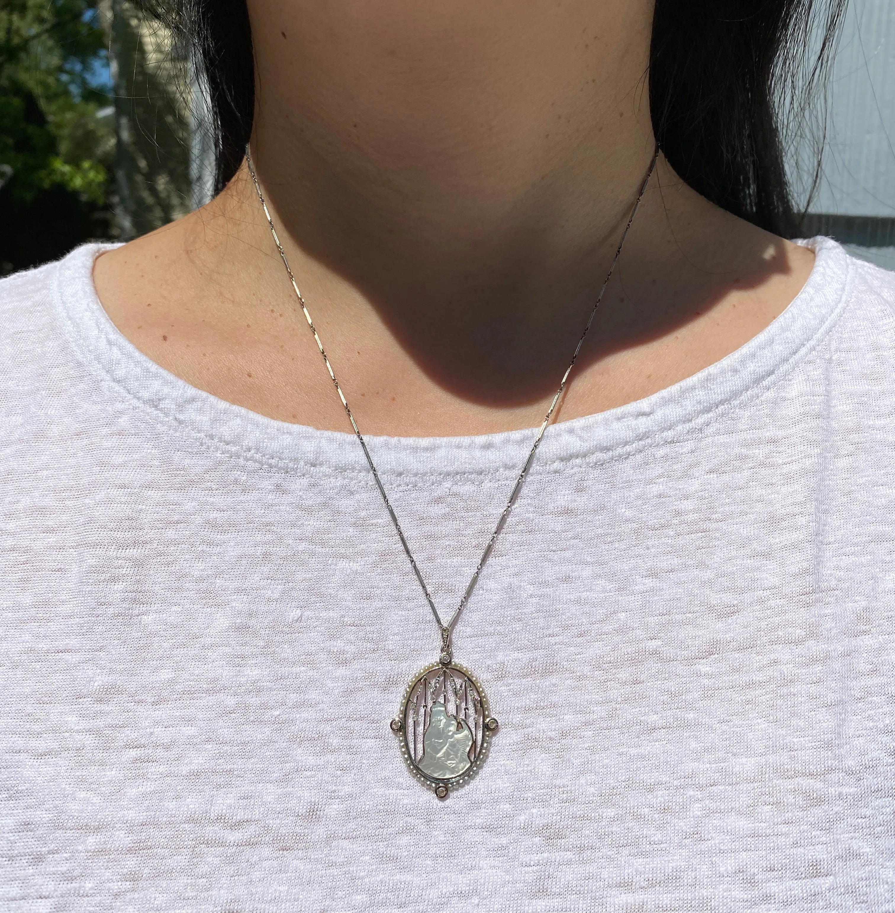 Art Deco Platinum 18K Gold, Diamond, Mother-of-Pearl Mother and Child Pendant, Necklace
