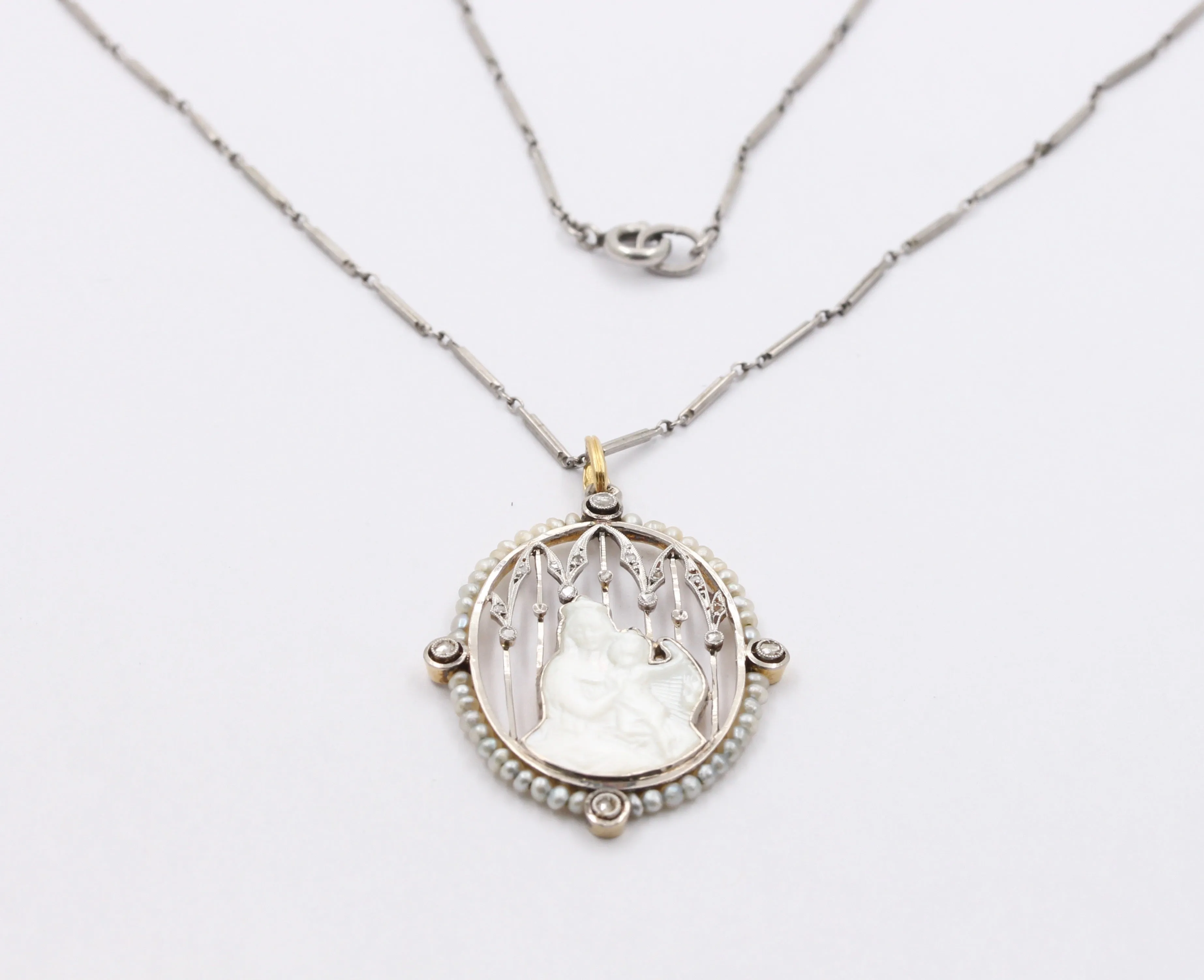 Art Deco Platinum 18K Gold, Diamond, Mother-of-Pearl Mother and Child Pendant, Necklace